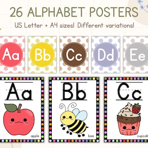 May include: A set of alphabet posters with the text "26 ALPHABET POSTERS" and "US Letter + A4 sizes! Different variations!". Each poster features a letter of the alphabet with a corresponding image, such as an apple, bee, and cupcake.