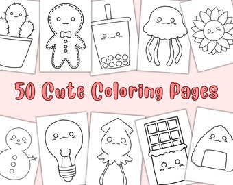 50 Cute Coloring Pages | Easy Kawaii Coloring Pages for Kids | Toddler Preschool Coloring Book | Homeschool Colouring Pages | Printable PDFs