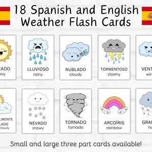 Spaanse en Engelse weerkaarten | Tweetalige weerkaarten voor peuters | Printables voor kleuters | Thuisonderwijs | Klaslokaal | Montessori