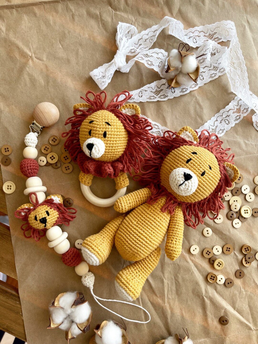 2 in 1: Patterns Crochet Lion Toys and Rattle, Gift for Newborn, Set ...