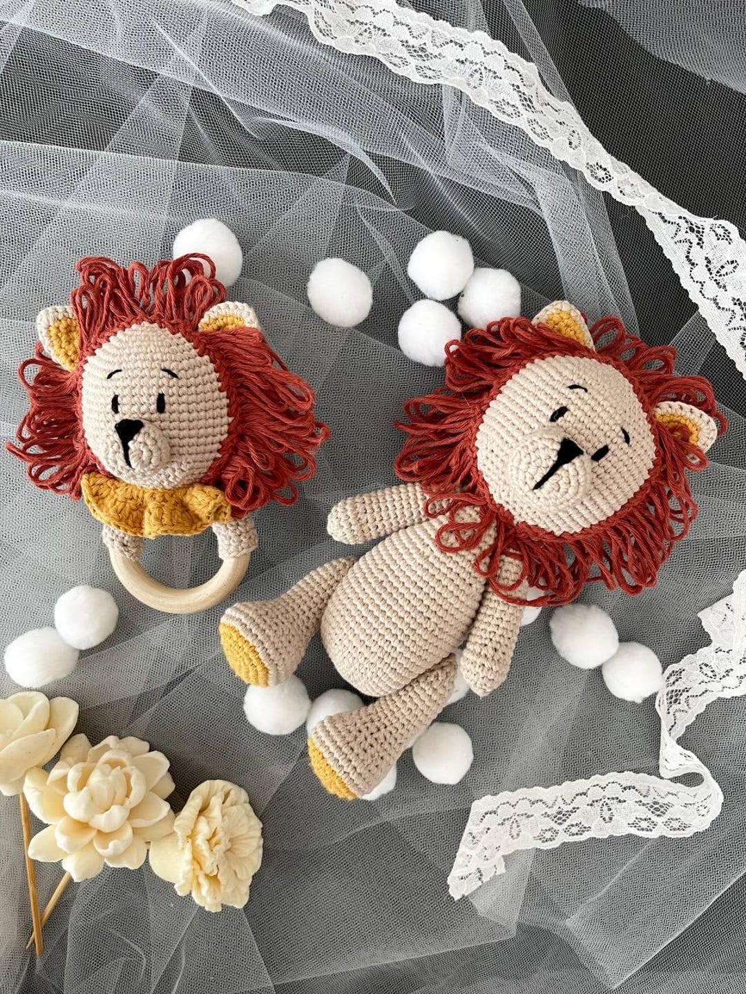 Crochet Lion Rattle and Plush Toy: Natural Baby Shower Gift - Etsy