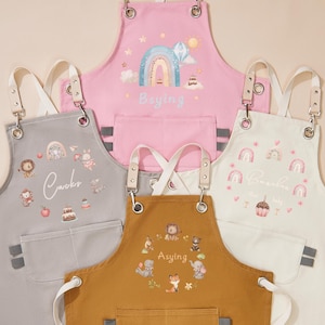 Personalized Kids Apron - Customized toddler aprons, forest animal designs, rainbow aprons, 16-inch canvas aprons, girls cooking aprons