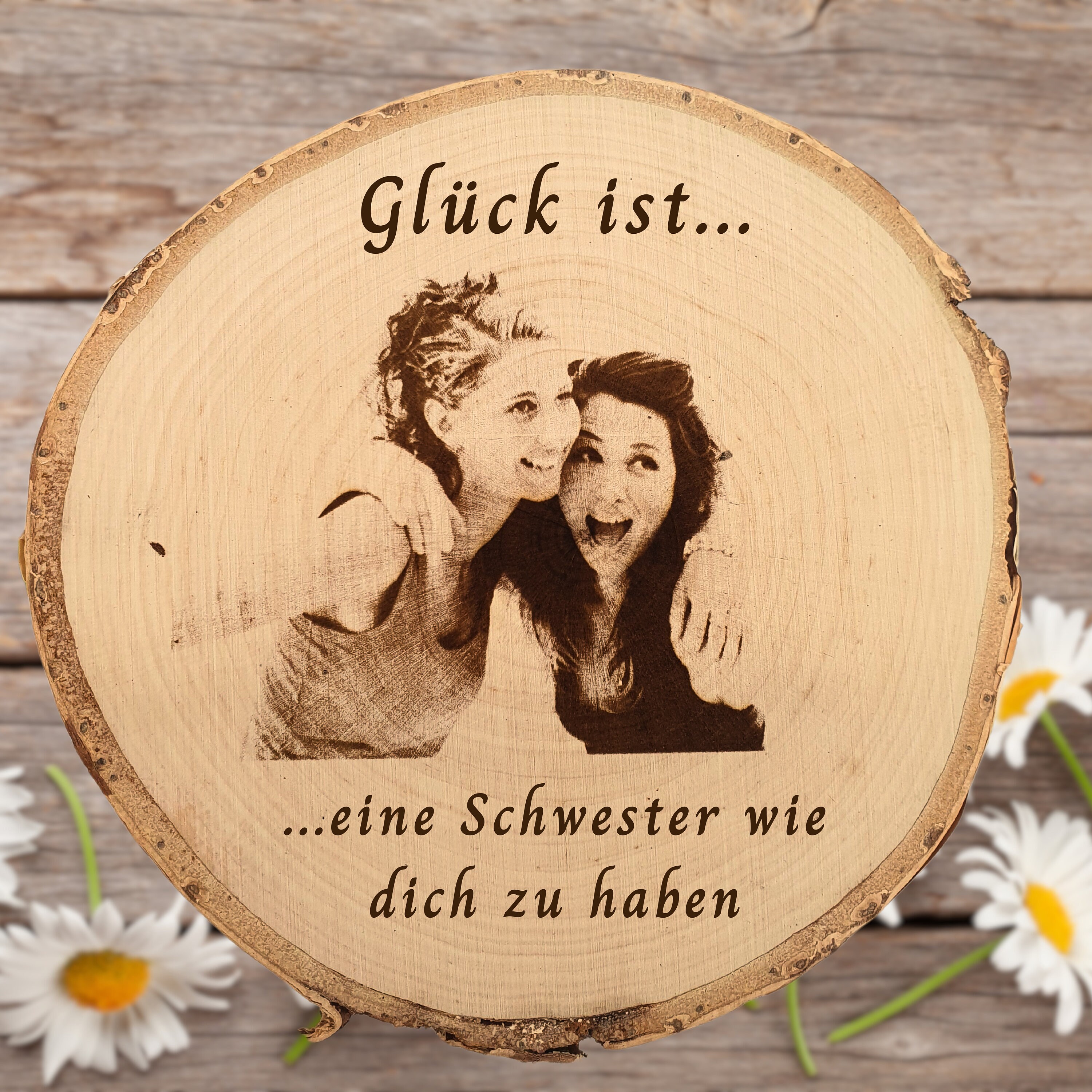 Fotogravur auf Holz Baumscheibe mit Wunschtext Gravierte Holzscheibe