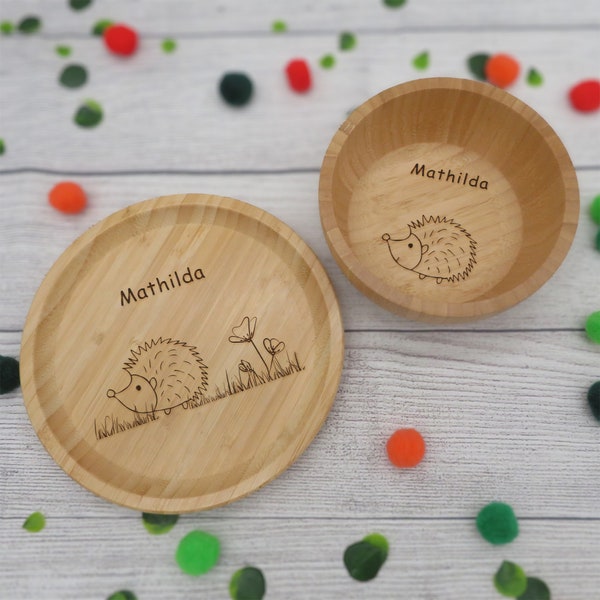 Kindergeschirr Set, Motiv Igel mit Namen | Kinderteller | Schälchen | Trinkbecher | Ostergeschenk | Geburtstagsgeschenk | aus Bambus