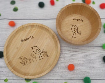 Kindergeschirr Set, Motiv Vogel mit Namen | Kinderteller | Schälchen | Trinkbecher | Ostergeschenk | Geburtstagsgeschenk | aus Bambus