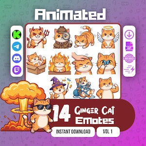 Pode incluir: Uma coleção de 14 emotes animados de gatos ruivos em várias poses e fantasias. Os emotes incluem um gato com chifres de diabo, um gato detetive e um gato com asas de anjo. As palavras "Animated" e "Ginger Cat Emotes" são exibidas.