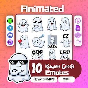 Puede incluir: Una colección de diez emoticonos de fantasmas kawaii animados con diversas expresiones, incluyendo fantasmas con gafas de sol y el texto "SUS". La imagen incluye el texto "Animated", "10 Kawaii Ghosts Emotes" y "Instant Download".