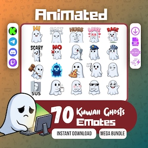 Puede incluir: Gráfico digital con 70 emoticonos de fantasmas Kawaii animados. Los fantasmas tienen diversas expresiones y poses. La imagen incluye las palabras "Animated", "Kawaii Ghosts Emotes", "Instant Download" y "Mega Bundle".