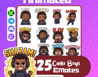 Pacchetto di emoticon animate in stile Chibi Boy / Adesivi per Twitch, Discord e YouTube (Download digitale)