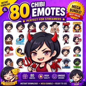 May include: Digital download graphic with 80 chibi emotes, ideal for streamers. The design includes various expressions and themes, with text that reads "MEGA BUNDLE! BEST VALUE" and "PERFECT FOR STREAMERS".