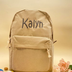 Minimalist Pink Black Grey Green Blue Apricot Pure Colors Corduroy Personalized embroidered kids backpack, kids backpack personalized image 1