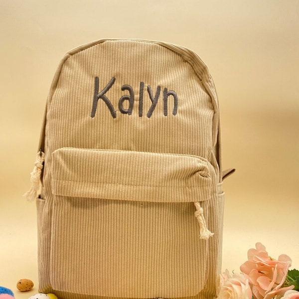 Minimalist Pink Black Grey Green Blue Apricot Pure Colors Corduroy Personalized embroidered kids backpack, kids backpack personalized