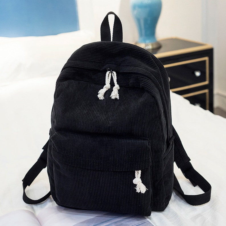 Minimalist Pink Black Grey Green Blue Apricot Pure Colors Corduroy Personalized embroidered kids backpack, kids backpack personalized Black
