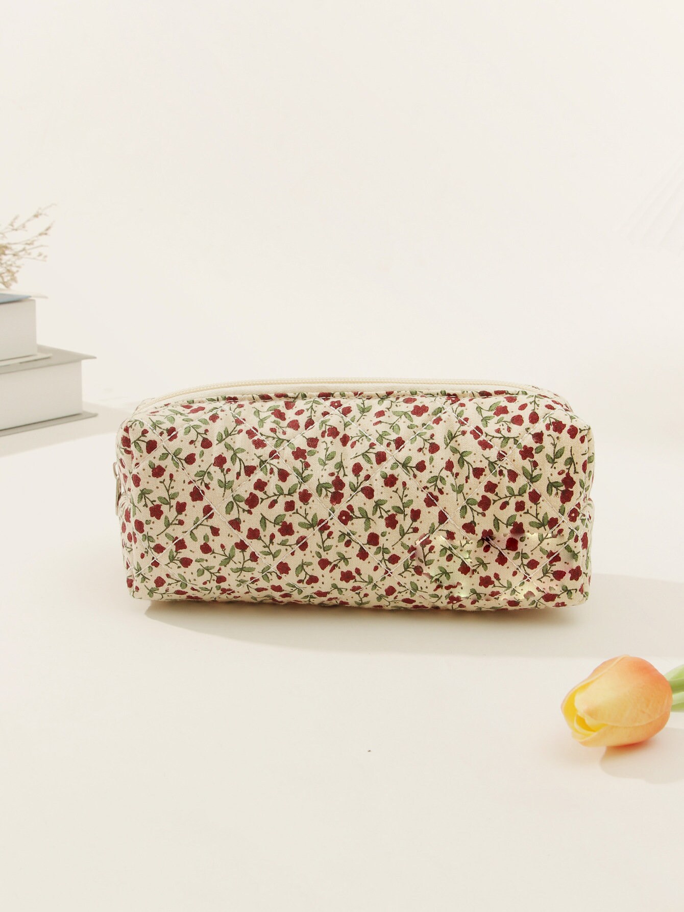 Gesteppte Make-up-Tasche Mit Schleife – Aus Baumwolle, Pink/weiß Kariert – Geräumige Kosmetiktasche Für Damen