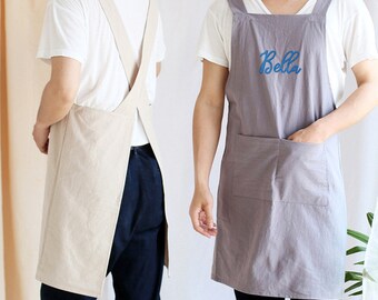 Personalized Embroidered Apron For Men, Hand-Embroidered Apron Personalized, Linen Cotton Apron,Custome Name Embroidery Linen Apron