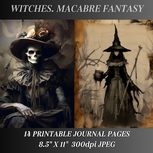 Witches Macabre Fantasy, 14 Junk Journal And Scrapbooking Printable Pages. Old Grungy Photos Perfect For Halloween And Spooky Craft Ephemera