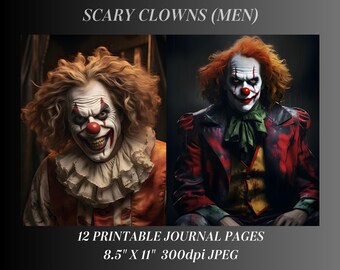 Scary Clowns Scrapbooking Ephemera, 12 Halloween Clown Junk Journal Images, Spooky Creepy Graphics, Digital Paper, Instant Digital Download