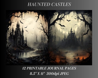 Haunted Castles & Mansons Digitales Papier, gruselige Halloween Ephemera, druckbare dunkle gotische Seiten, Download Junk Journal, Scrapbooking