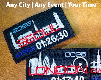 Parche de maratón personalizado/bordado personalizado con hora de llegada e insignia del horizonte de la ciudad