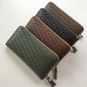 Cartera grande con estampado tejido, ranuras para múltiples tarjetas, billetera larga y alta de cuero genuino de vaca para efectivo