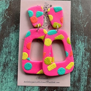 Neon Retro Confetti Statement Earrings – Bold Geometric Handcrafted Polymer Clay Wearable Art