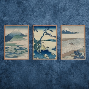 Blue nature Katsushika Hokusai posters, set 3 wall art, Japanese unframed wall hanging, Musashi province No.3