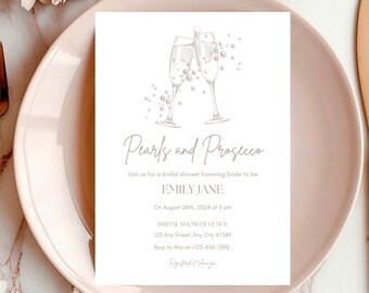 Pearls and Prosecco Invitation Template Bridal Shower Invites Minimal ...
