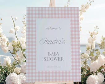 Szablon powitalnego napisu na baby shower w kolorze różowym w kratkę (18x24 cale do pobrania w wersji cyfrowej)