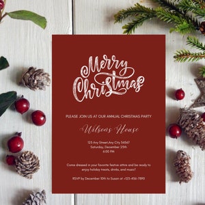 Modello di invito di Buon Natale, invito stampabile per cena festiva, invito rosso e bianco per la festa della Vigilia di Natale, biglietto di auguri per la festa
