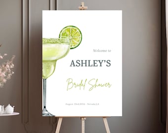 Puede incluir: Un letrero blanco sobre un caballete de madera con una ilustración de margarita y el texto "Welcome to Ashley's Bridal Shower". El letrero incluye la fecha 23 de agosto de 2024 y la ubicación Nevada, LA.