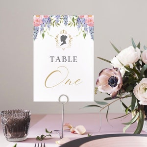 Plantilla de tarjeta con número de mesa con temática de Bridgerton Decoración de mesa para despedida de soltera real con flores Números de mesa imprimibles Despedida de soltera victoriana