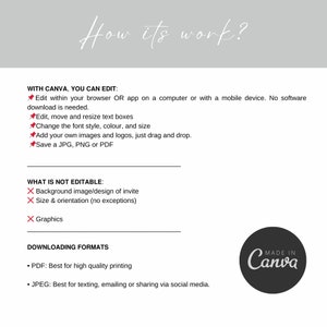 May include: A graphic with instructions on how to edit and download a digital invitation using Canva. The graphic includes a list of editable features and a list of downloadable formats, including PDF and JPEG.