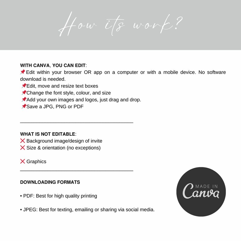 May include: A graphic with instructions on how to edit and download a digital invitation using Canva. The graphic includes a list of editable features and a list of downloadable formats, including PDF and JPEG.