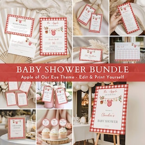 Puede incluir: Un conjunto de papelería para baby shower con temática de manzanas y bordes de cuadros vichy rojos y blancos. El set incluye invitaciones, menús, etiquetas de agradecimiento, tarjetas de rifa de pañales, juegos y carteles decorativos.