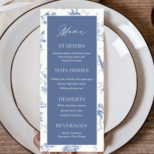 Druckbare Dinner-Menü Karte Vorlage Vintage Blau Floral-Menü Brautdusche Tischdekoration etwas Blau Brautdusche Dekorationen