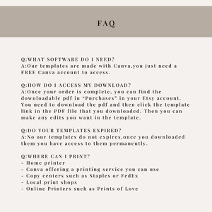 May include: A beige-colored document with the heading "FAQ" in a serif font. The document contains questions and answers about accessing and using templates, including where to print them.