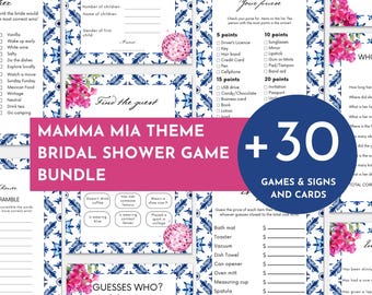 Puede incluir: Un paquete de juegos de despedida de soltera con temática de Mamma Mia con más de 30 juegos y letreros. Los juegos incluyen "¿Qué hay en tu bolso?" y "¿Adivina quién?" con un fondo floral azul y blanco y detalles de bola de discoteca rosa.
