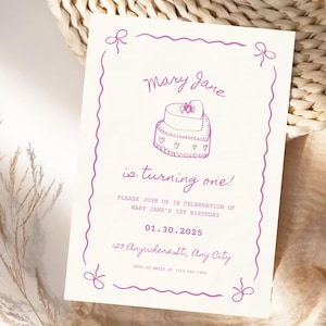 Handdrawn First Birthday Invitation Template Baby Girl Birthday Invite Cute First Birthday Invitation Printable Birthday Card