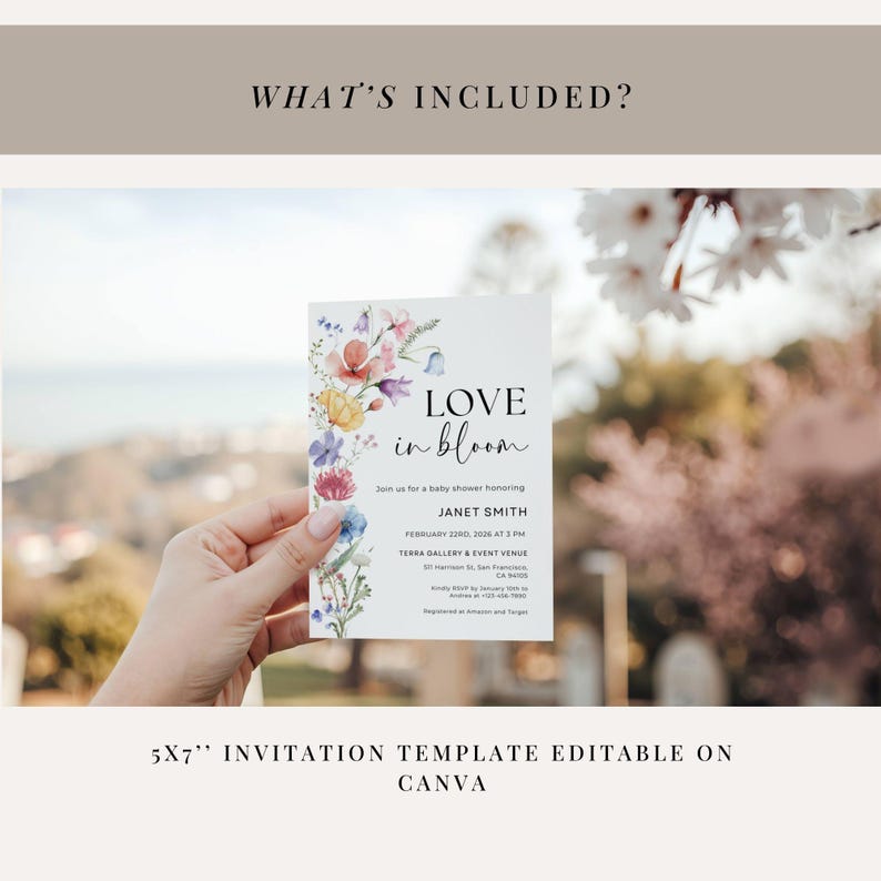 May include: A white invitation card with floral watercolor illustrations and the text "Love in Bloom". The card includes event details for Janet Smith's baby shower. The invitation is 5x7 inches and editable on Canva.