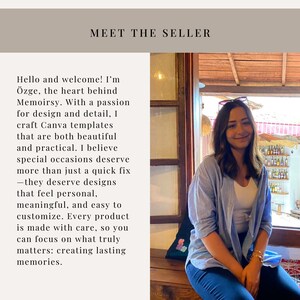 May include: The image features a woman smiling, with text that reads "MEET THE SELLER" and a description of the seller's business, Memoirsy, which creates Canva templates. The text highlights a passion for design and detail, emphasizing the creation of beautiful and practical templates.