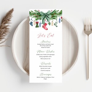 Modello di menu per la cena di Natale, menu per la cena delle feste, menu per la cena stampabile, decorazioni per la tavola per le feste, menu modificabile