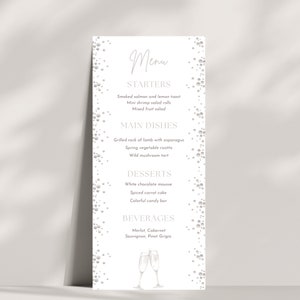 Szablon karty menu Pearls and Prosecco Minimalistyczny wystrój stołu na wieczór panieński Pearls and Prosecco Wydrukuj szablon menu kolacji