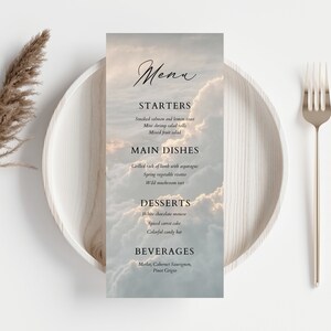 Modern Cloud 9-dinermenusjabloon Afdrukbare wolken dinermenukaart Babyshower tafeldecor Neutraal Cloud Nine-menu, CLD108