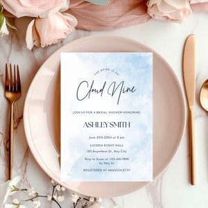 Cloud Nine Invitation Template Bridal Shower Invites Printable Blue Invitation Templates Bride is on Cloud Nine Invite