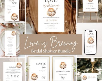 May include: A bridal shower bundle with a coffee theme. The bundle includes a welcome sign, an invitation, a menu, a coffee bar sign, a drinks and foods sign, a wedding wish card, and a place card. The design features a watercolor illustration of a cup of coffee with flowers.
