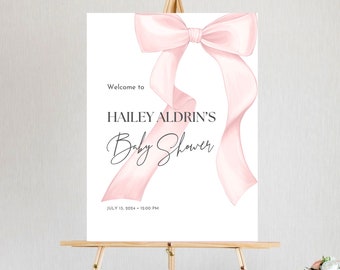Pink Bow Baby Shower Welcome Sign: Coquette Theme (Editable Canva Template)