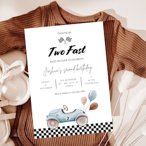 Modèle d'invitation pour le deuxième anniversaire de grandir deux Carte d'anniversaire à imprimer rapide pour garçon, Invitation à une fête d'anniversaire pour le 2e anniversaire, Invitation de voiture de course bleue