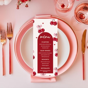 Plantilla de menú de cena con la cereza en la parte superior. Menú de comida con tema de cereza y lazo rosa. Tarjeta de menú imprimible. Configuración de mesa para fiesta nupcial de verano.