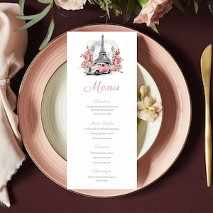 Plantilla de menú de cena "She Said Oui", menú de cena de temática francesa, tarjeta de menú imprimible, decoración de mesa para despedida de soltera con la Torre Eiffel floral parisina