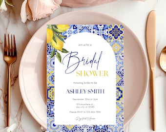 Amalfi Coastal Invitation Template Mediterranean Blue Tiles and Lemon Themed Printable Invite Summer Bridal Shower Invitation